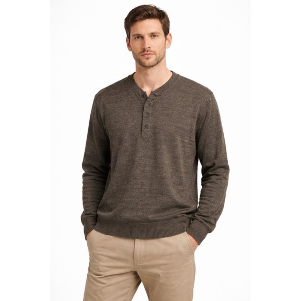 Gap Designed & Crafted Mens Brown Marl Henley Sweater Elbow‎ Patches Medium